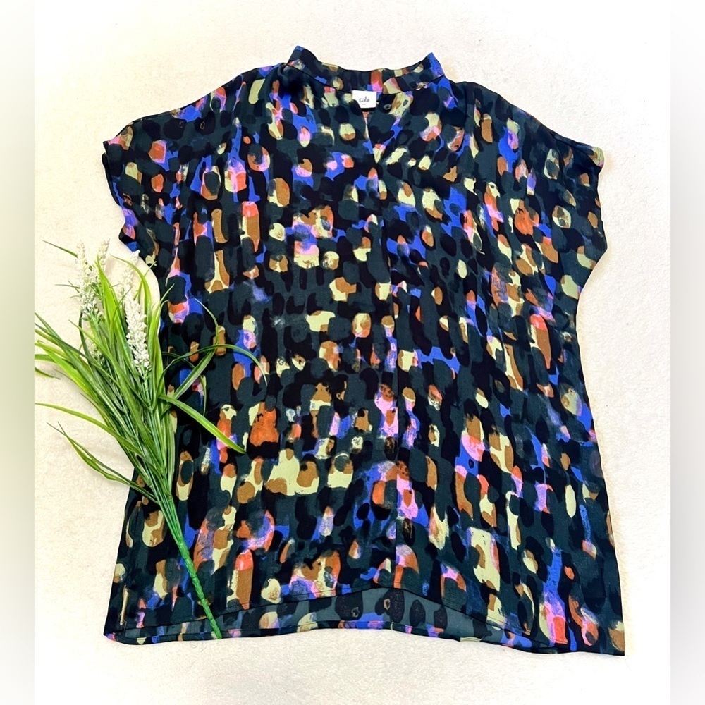 CAbi Sabine Watercolor Printed Short Sleeve Blouse - Small